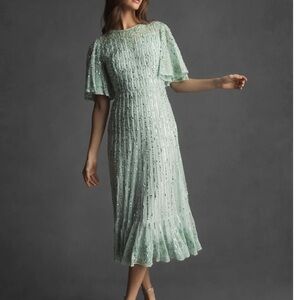 Mac Duggal NWT Sequined Flounce Sleeve Midi Dress Sage Green Size 4